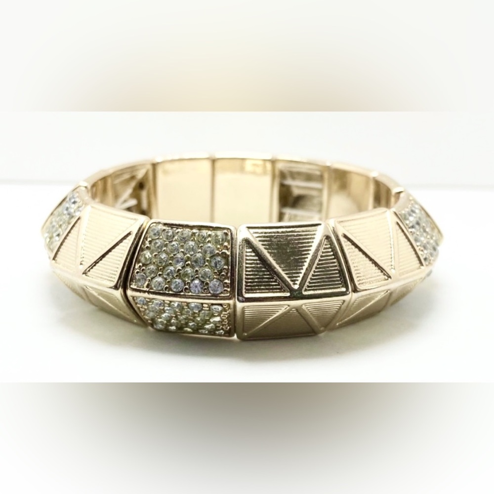 Vintage Gold Plate Stretch Bracelet With Textured And Rhinestone Covered Links